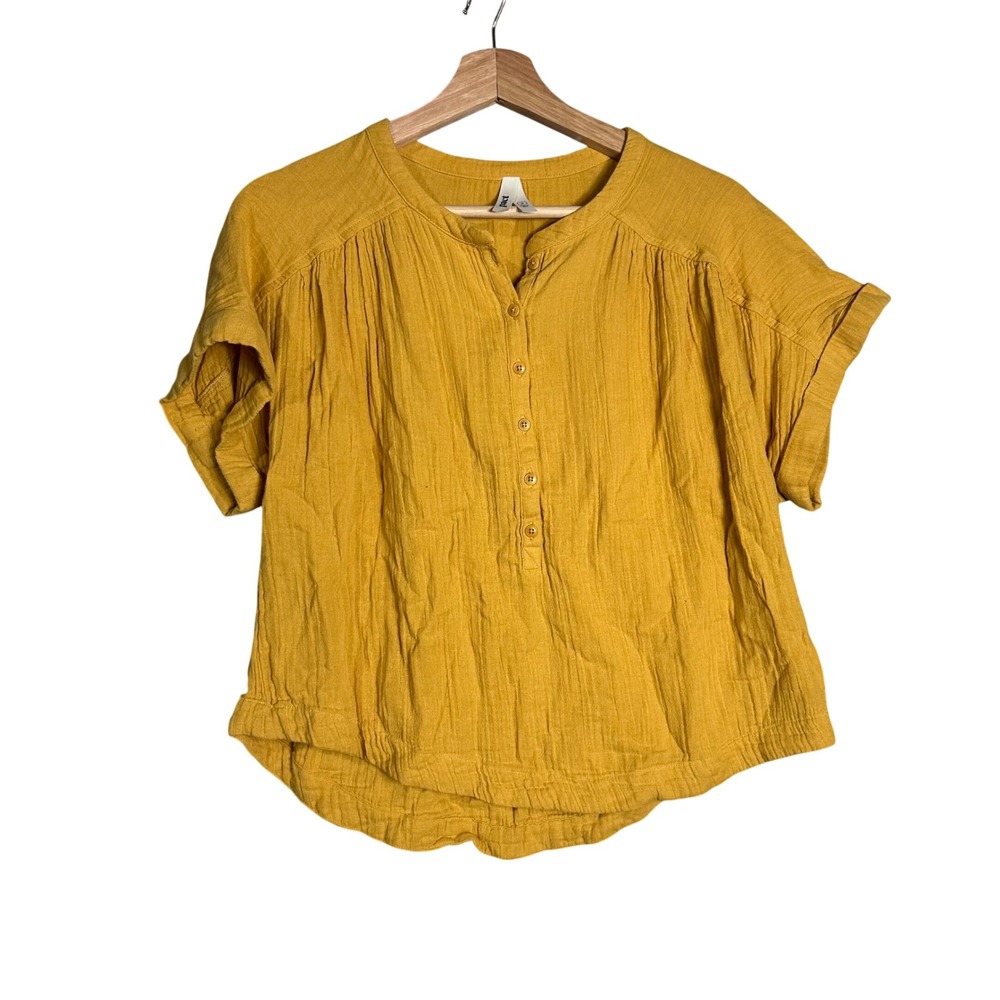 Pact Organic Cotton Gauze Henley Blouse Mustard Yellow Short Sleeve Small